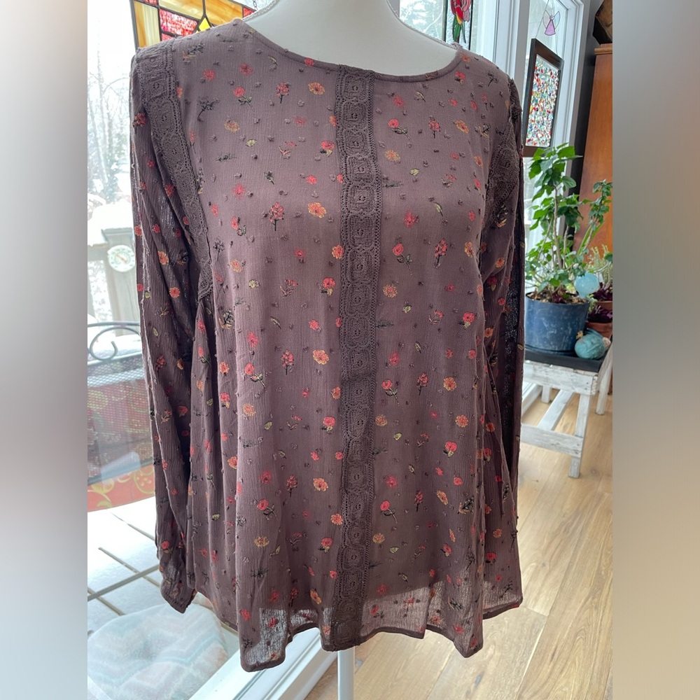 Easel Los Angeles - Top Blouse Brown Rayon (gauzy) Boho Long Sleeve